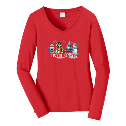 Norwegian Elkhound Tis The Season Winter Port & Company® Ladies Long Sleeve Fan Favorite™ V-Neck Tee LPC450VLS - WagALotBowWow