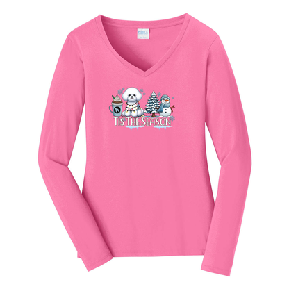 Bichon Frisé Tis The Season Winter Port & Company® Ladies Long Sleeve Fan Favorite™ V-Neck Tee LPC450VLS - WagALotBowWow