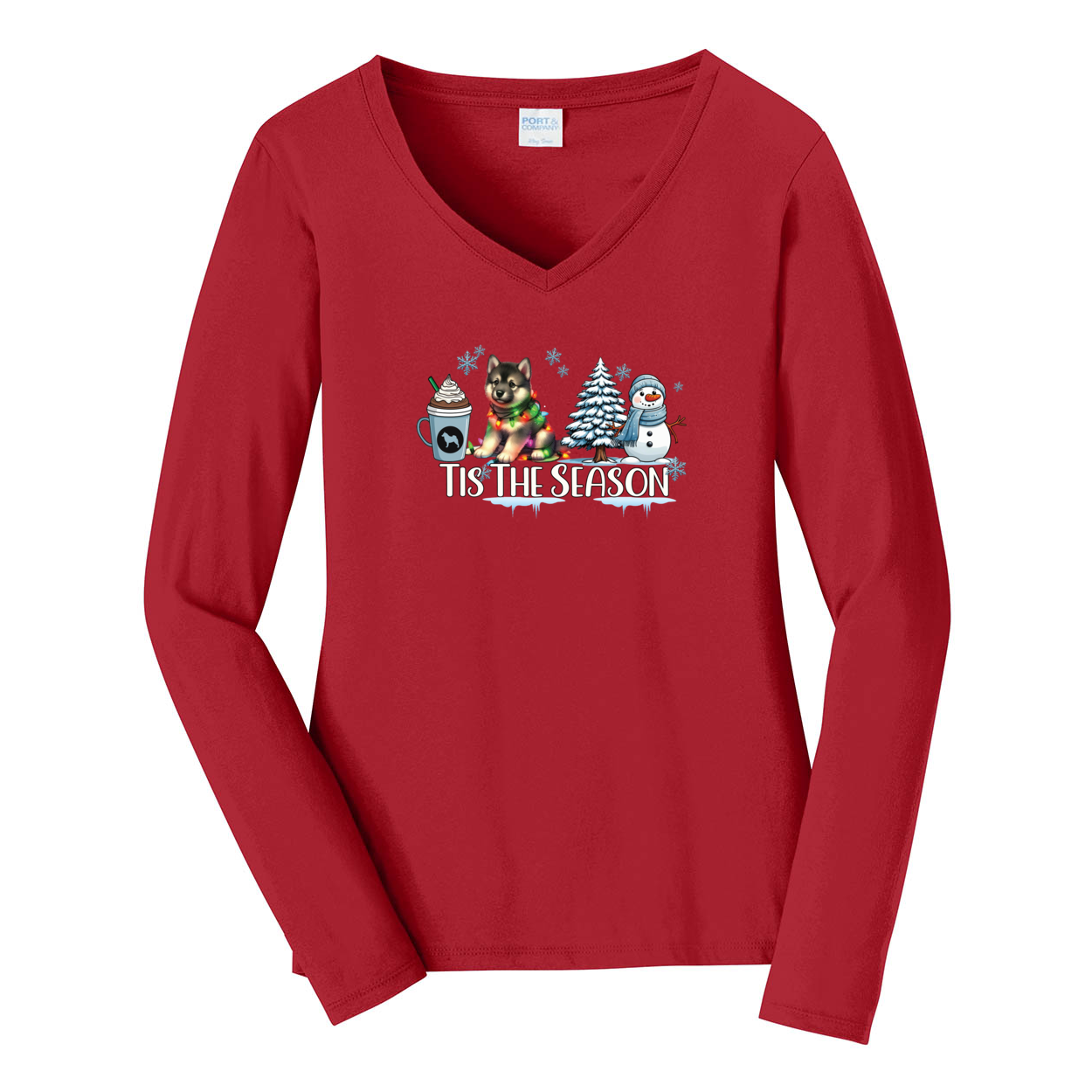 Norwegian Elkhound Tis The Season Winter Port & Company® Ladies Long Sleeve Fan Favorite™ V-Neck Tee LPC450VLS - WagALotBowWow
