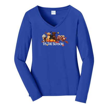 Labrador Tis The Season Turkey Port & Company® Ladies Long Sleeve Fan Favorite™ V-Neck Tee LPC450VLS - WagALotBowWow