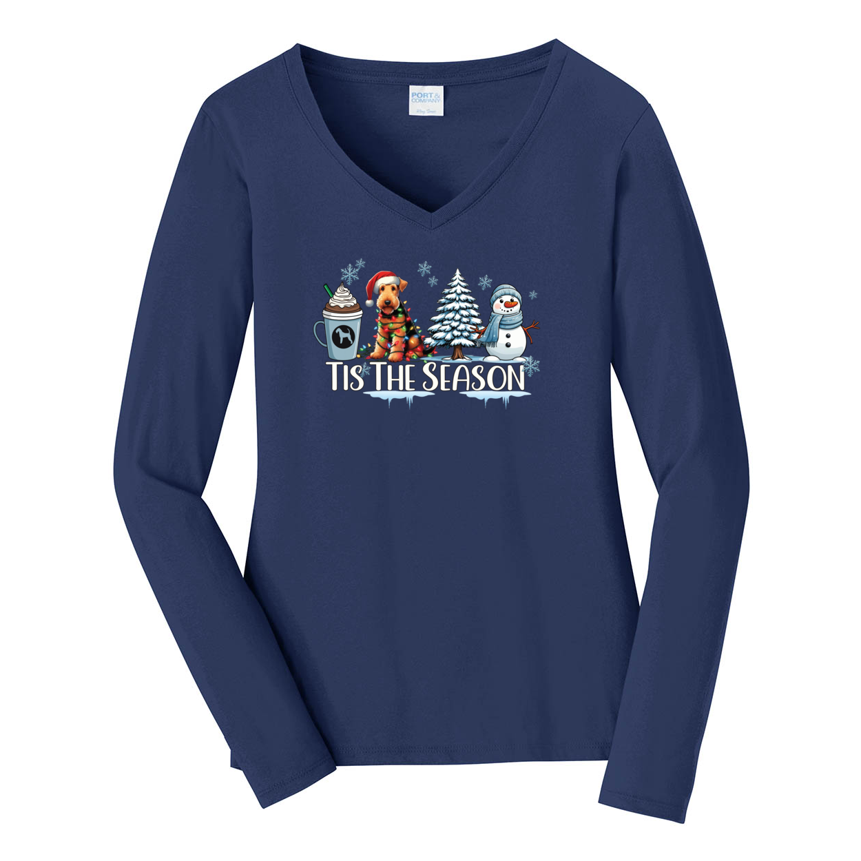Airedale Terrier Tis The Season Winter Port & Company® Ladies Long Sleeve Fan Favorite™ V-Neck Tee LPC450VLS - WagALotBowWow