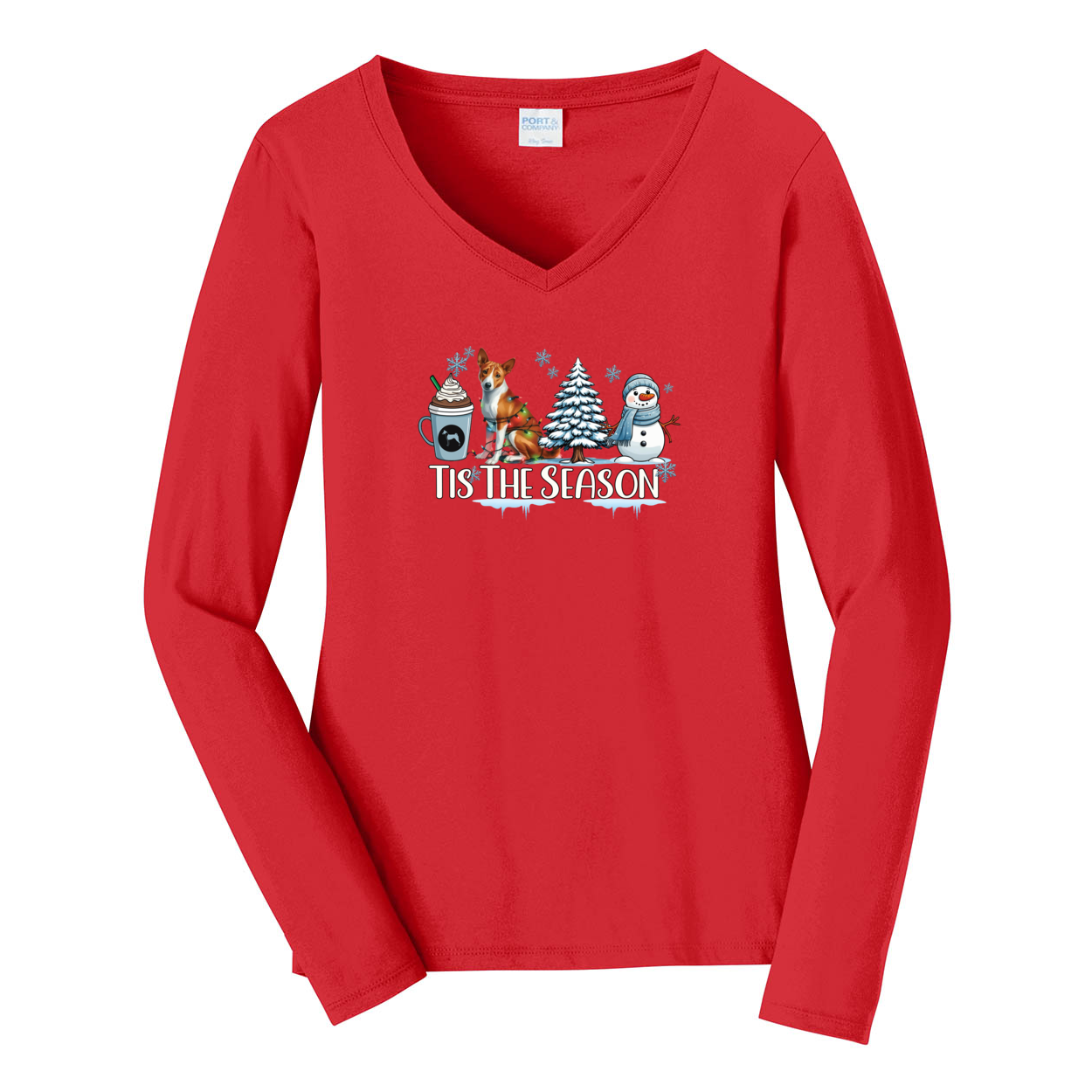 Basenji Tis The Season Winter Port & Company® Ladies Long Sleeve Fan Favorite™ V-Neck Tee LPC450VLS - WagALotBowWow