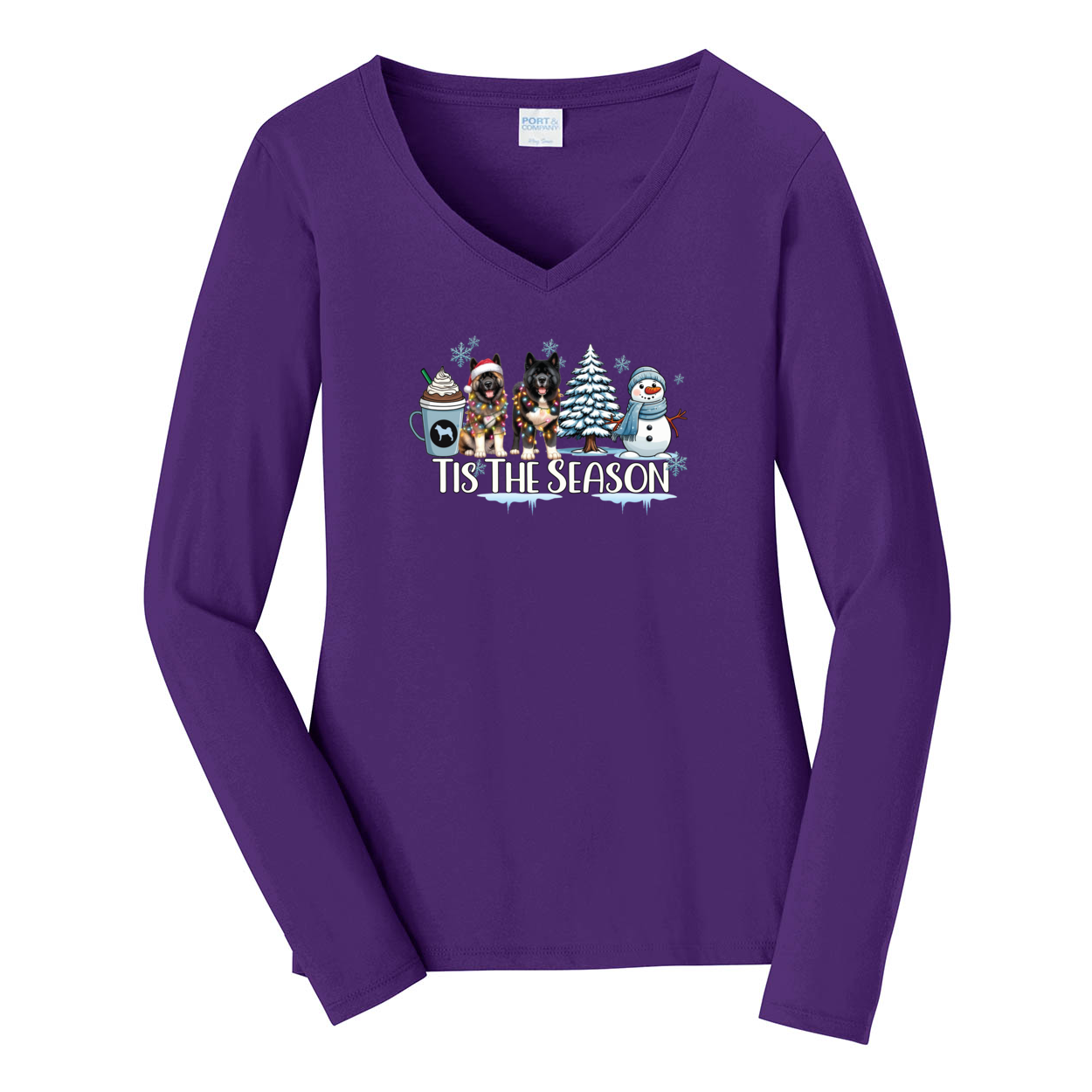 Akita Tis The Season Winter Port & Company® Ladies Long Sleeve Fan Favorite™ V-Neck Tee LPC450VLS - WagALotBowWow
