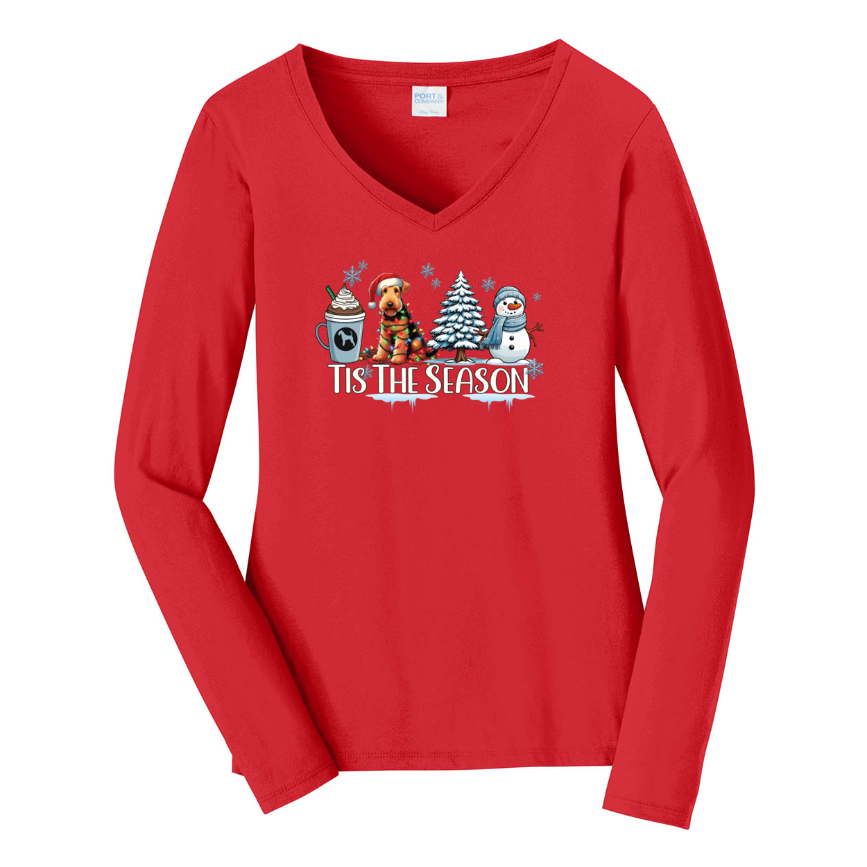 Airedale Terrier Tis The Season Winter Port & Company® Ladies Long Sleeve Fan Favorite™ V-Neck Tee LPC450VLS - WagALotBowWow