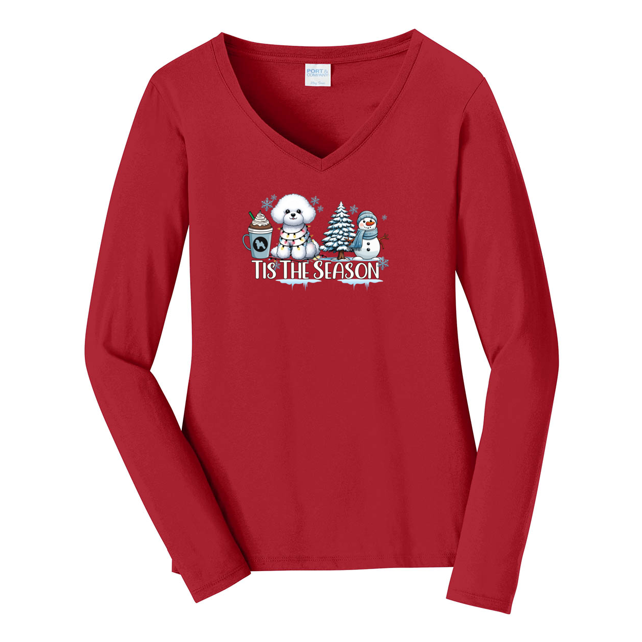 Bichon Frisé Tis The Season Winter Port & Company® Ladies Long Sleeve Fan Favorite™ V-Neck Tee LPC450VLS - WagALotBowWow