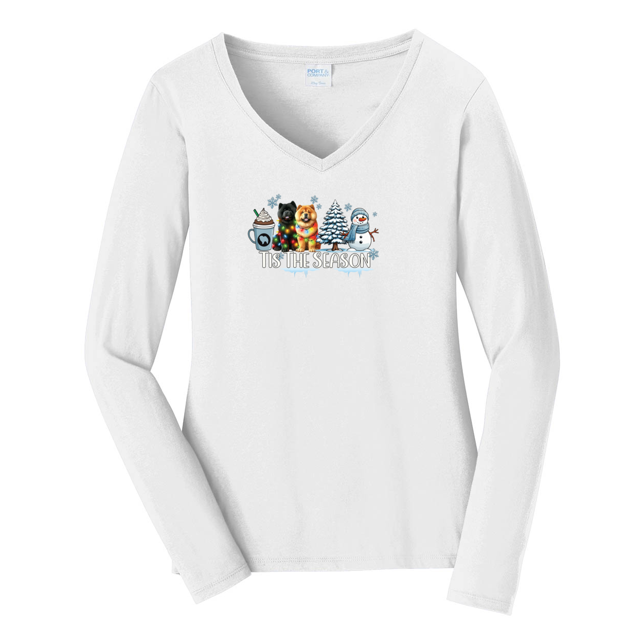 Chow Chow Tis The Season Winter Port & Company® Ladies Long Sleeve Fan Favorite™ V-Neck Tee LPC450VLS - WagALotBowWow