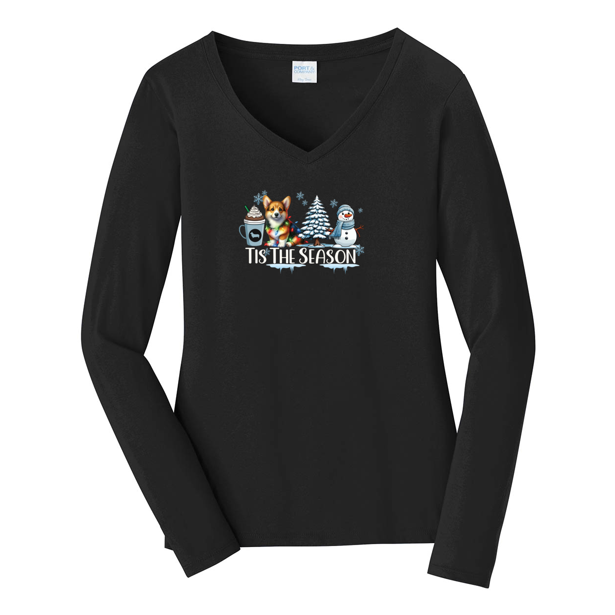 Pembroke Welsh Corgi Tis The Season Winter Port & Company® Ladies Long Sleeve Fan Favorite™ V-Neck Tee LPC450VLS - WagALotBowWow