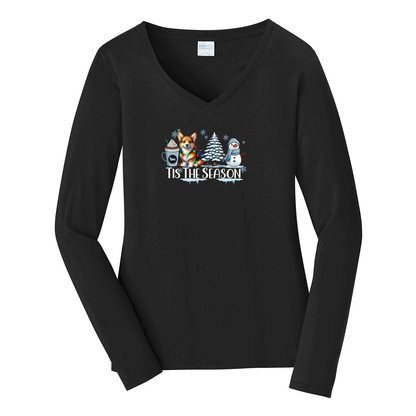 Pembroke Welsh Corgi Tis The Season Winter Port & Company® Ladies Long Sleeve Fan Favorite™ V-Neck Tee LPC450VLS - WagALotBowWow
