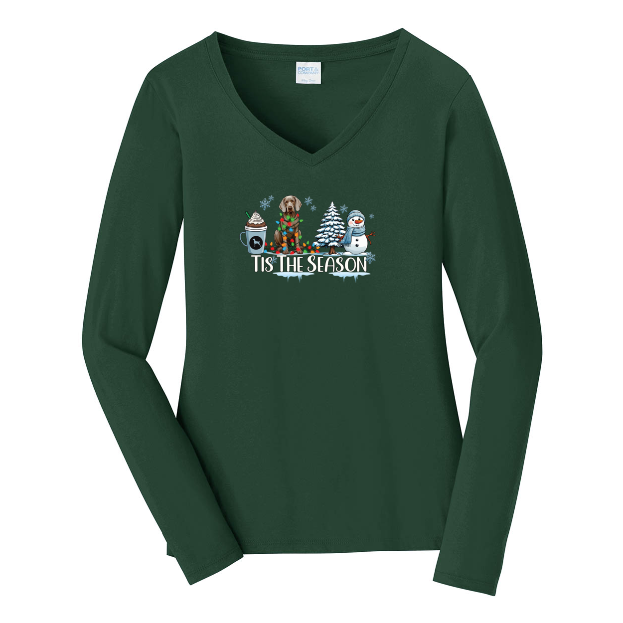 Weimaraner Tis The Season Winter Port & Company® Ladies Long Sleeve Fan Favorite™ V-Neck Tee LPC450VLS - WagALotBowWow