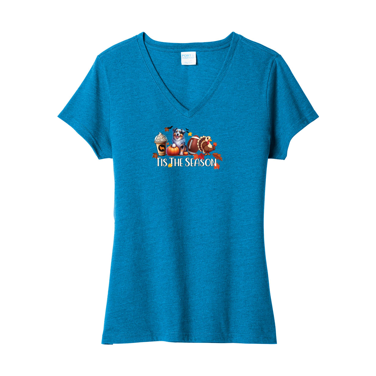 Blue Merle Aussie Tis The Season Fall V-Neck Tee SS - WagALotBowWow