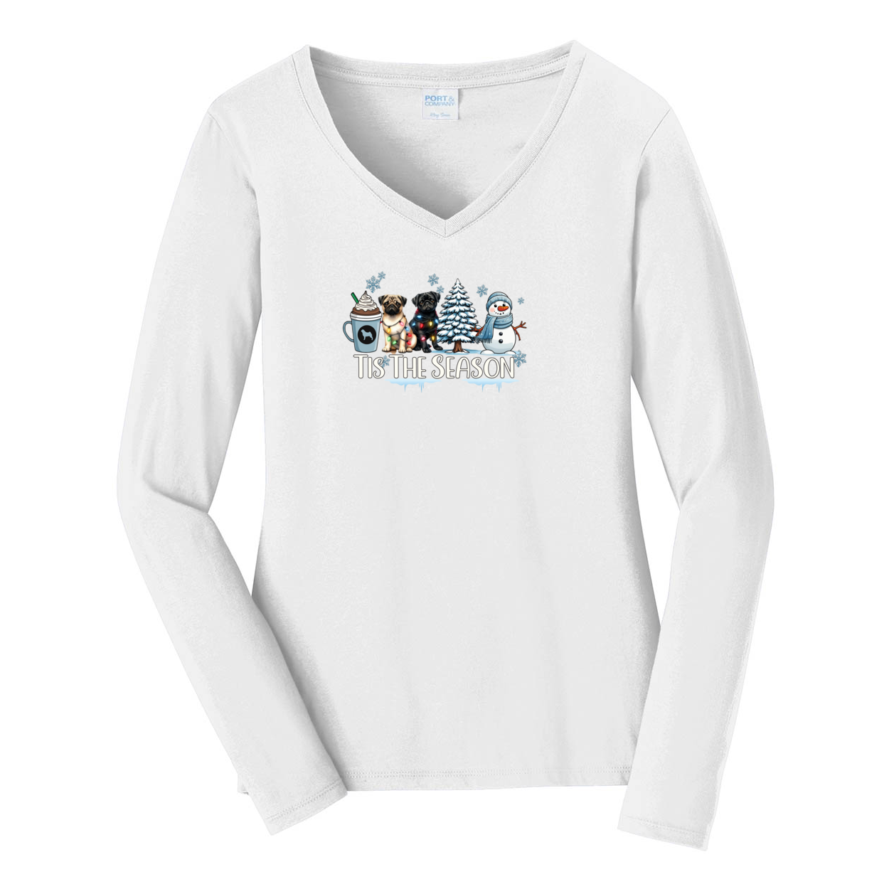 Pug Tis The Season Winter Ladies Long Sleeve Fan Favorite™ V-Neck Tee - WagALotBowWow