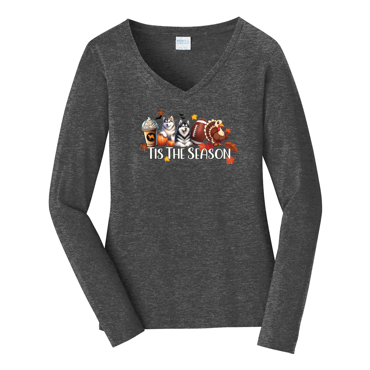 Alaskan Malamute Tis The Season Fall Port & Company® Ladies Long Sleeve Fan Favorite™ V-Neck Tee LPC450VLS - WagALotBowWow