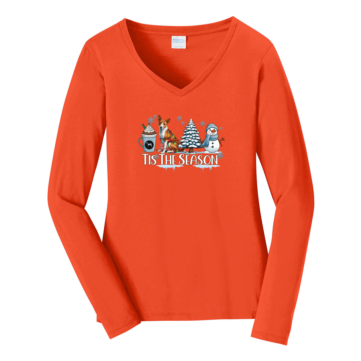 Basenji Tis The Season Winter Port & Company® Ladies Long Sleeve Fan Favorite™ V-Neck Tee LPC450VLS - WagALotBowWow