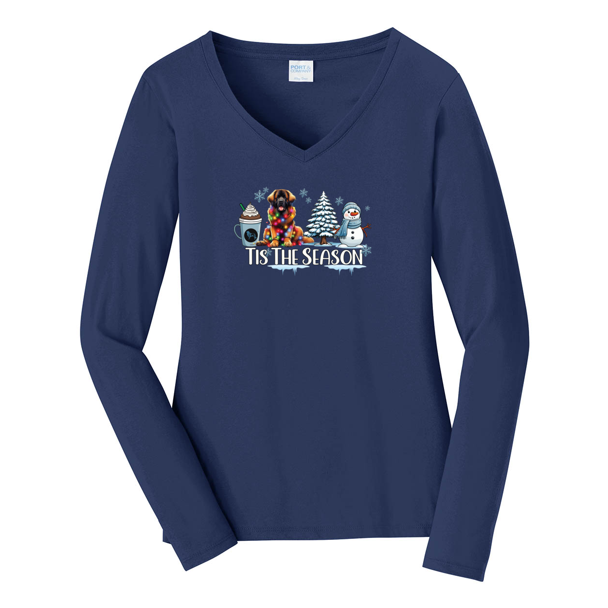 Leonberger Tis The Season Winter Port & Company® Ladies Long Sleeve Fan Favorite™ V-Neck Tee LPC450VLS - WagALotBowWow