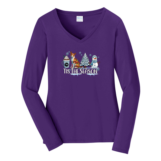 Basenji Tis The Season Winter Port & Company® Ladies Long Sleeve Fan Favorite™ V-Neck Tee LPC450VLS - WagALotBowWow