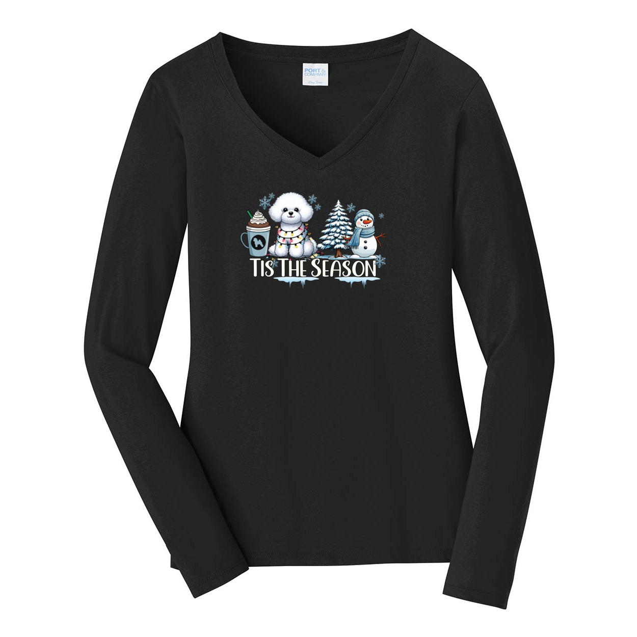 Bichon Frisé Tis The Season Winter Port & Company® Ladies Long Sleeve Fan Favorite™ V-Neck Tee LPC450VLS - WagALotBowWow