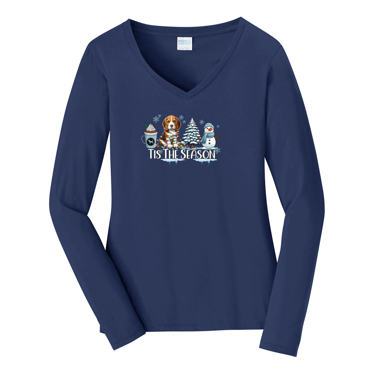 Beagle Tis The Season Winter Port & Company® Ladies Long Sleeve Fan Favorite™ V-Neck Tee LPC450VLS - WagALotBowWow