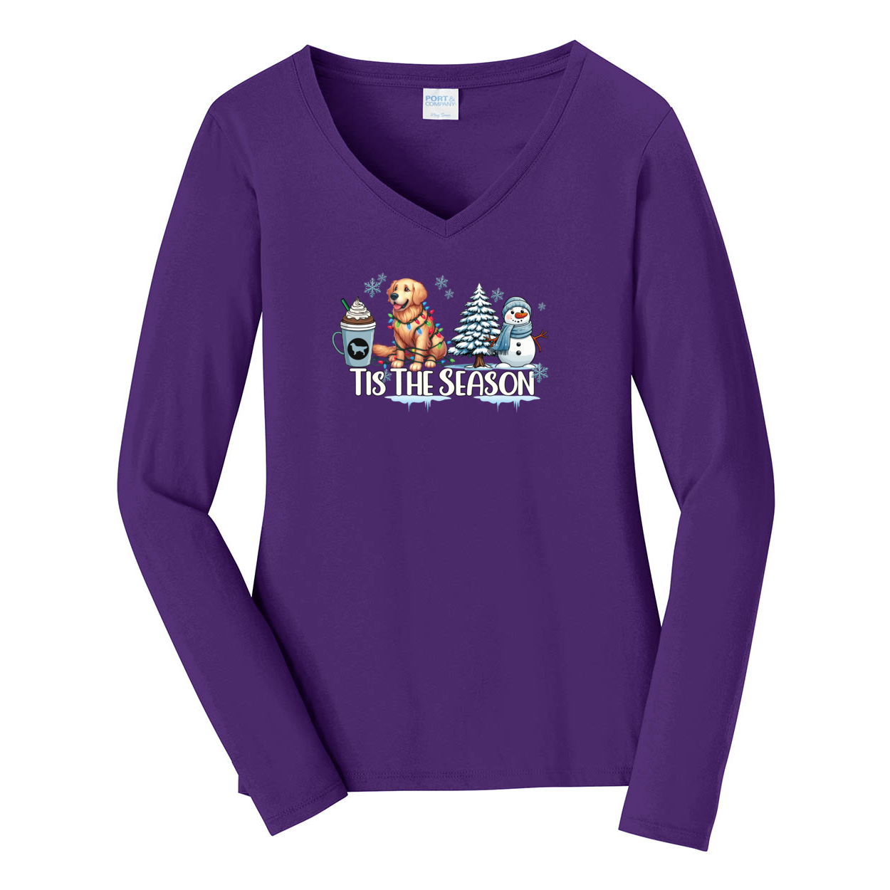 Golden Tis The Season Winter Port & Company® Ladies Long Sleeve Fan Favorite™ V-Neck Tee LPC450VLS - WagALotBowWow