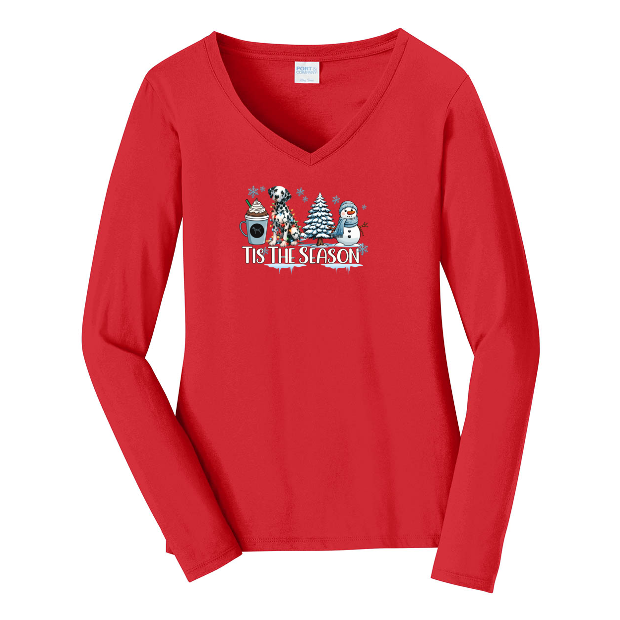 Dalmatian Tis The Season Winter Port & Company® Ladies Long Sleeve Fan Favorite™ V-Neck Tee LPC450VLS - WagALotBowWow