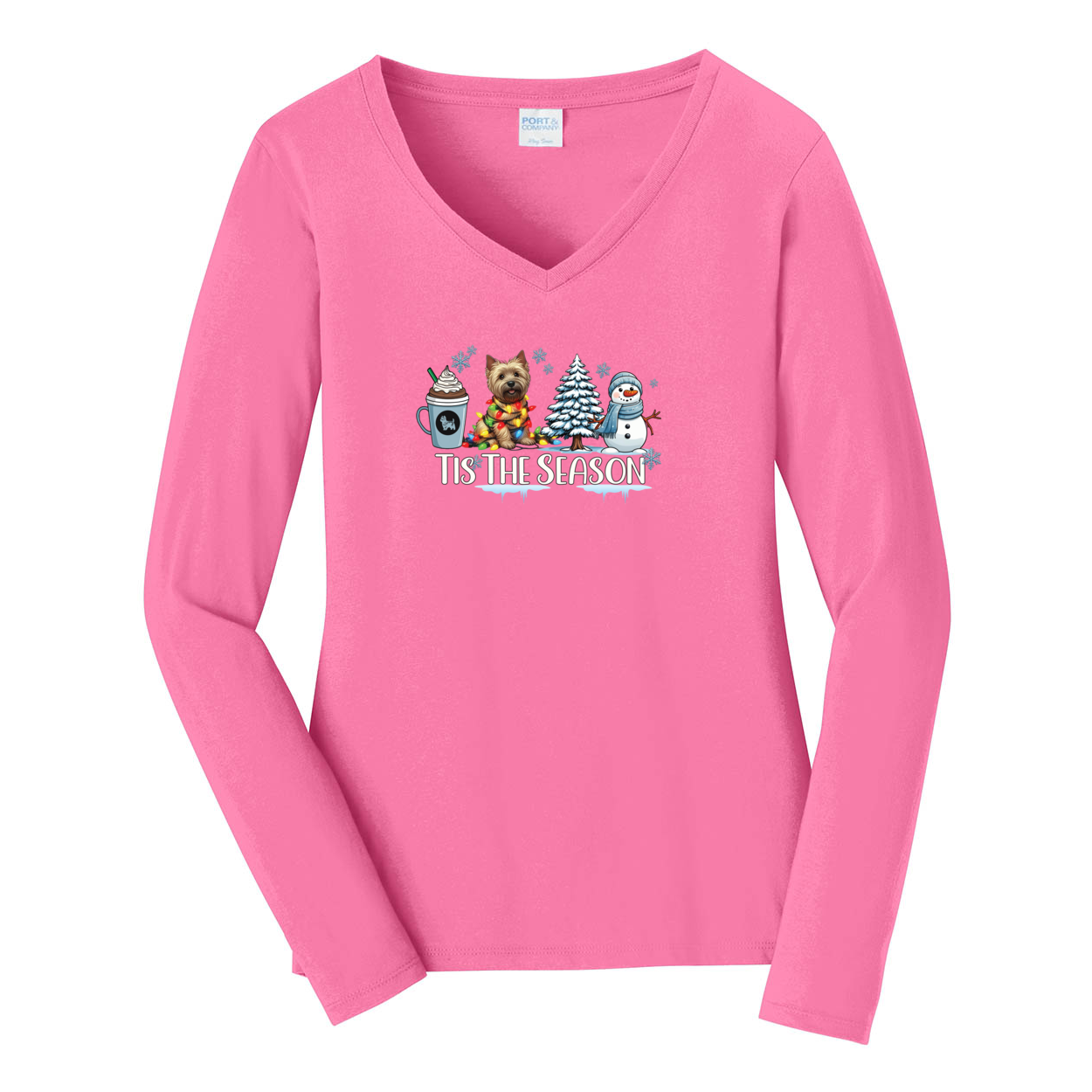 Cairn Terrier Tis The Season Winter Port & Company® Ladies Long Sleeve Fan Favorite™ V-Neck Tee LPC450VLS - WagALotBowWow