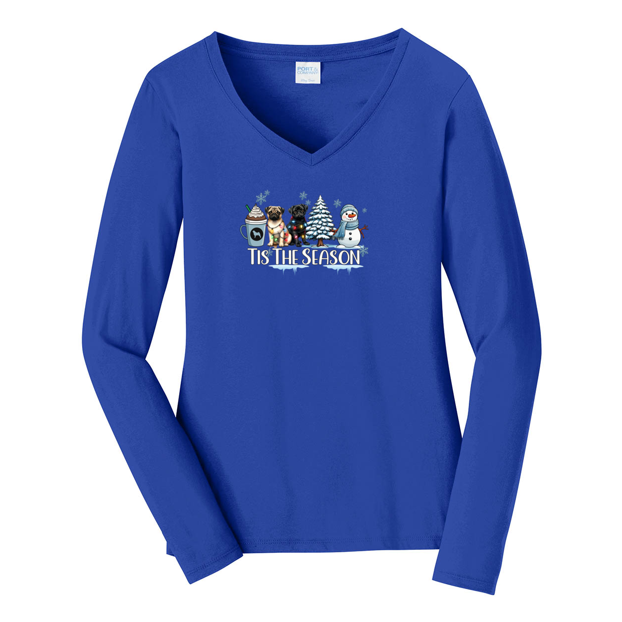 Pug Tis The Season Winter Ladies Long Sleeve Fan Favorite™ V-Neck Tee - WagALotBowWow