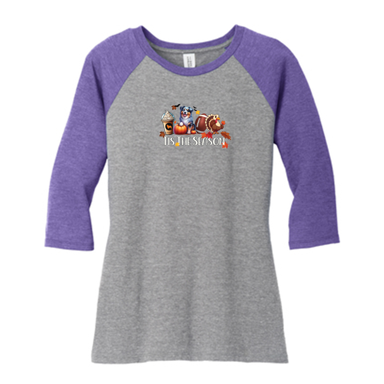 Blue Merle Australian Shepherd Tis The Season Fall 3/4-Sleeve Raglan - WagALotBowWow