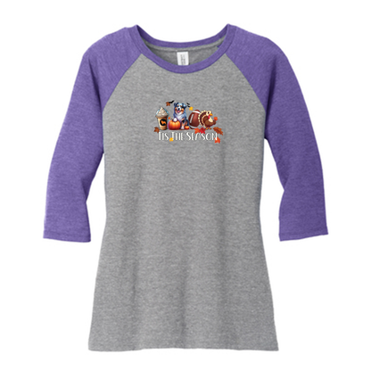 Blue Merle Australian Shepherd Tis The Season Fall 3/4-Sleeve Raglan - WagALotBowWow