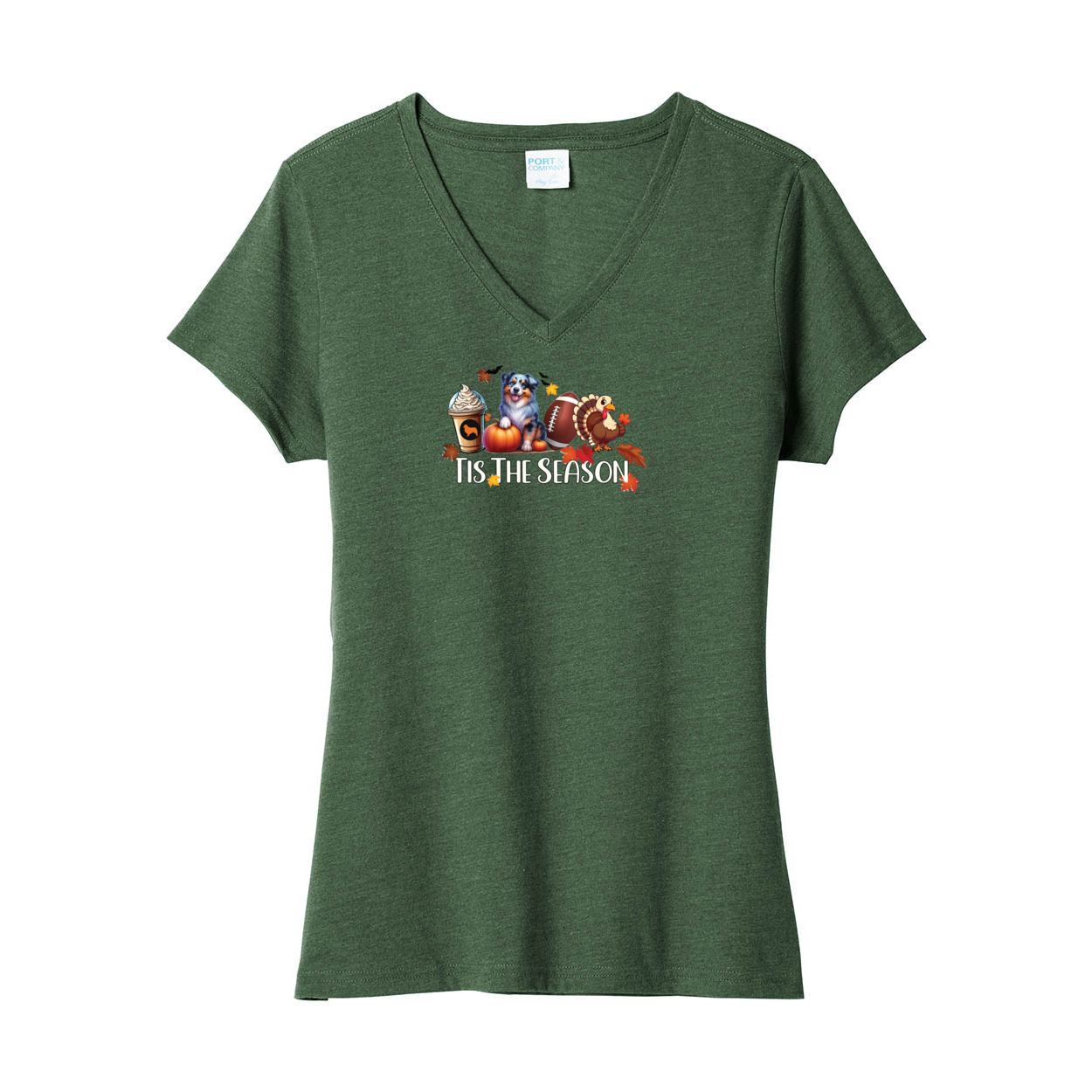 Blue Merle Aussie Tis The Season Fall V-Neck Tee SS - WagALotBowWow