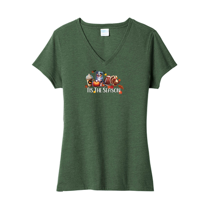 Blue Merle Aussie Tis The Season Fall V-Neck Tee SS - WagALotBowWow