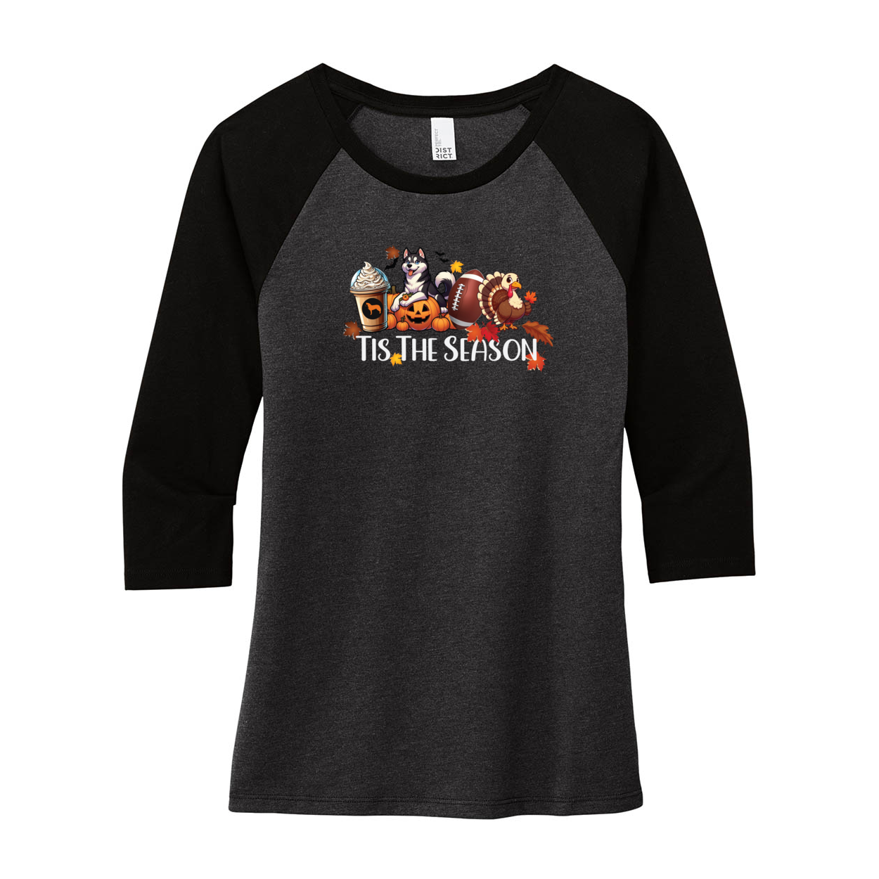 Tis The Season Fall Husky DM136L District ® Women’s Perfect Tri 3/4-Sleeve Raglan - WagALotBowWow
