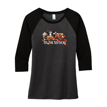 Tis The Season Fall Husky DM136L District ® Women’s Perfect Tri 3/4-Sleeve Raglan - WagALotBowWow