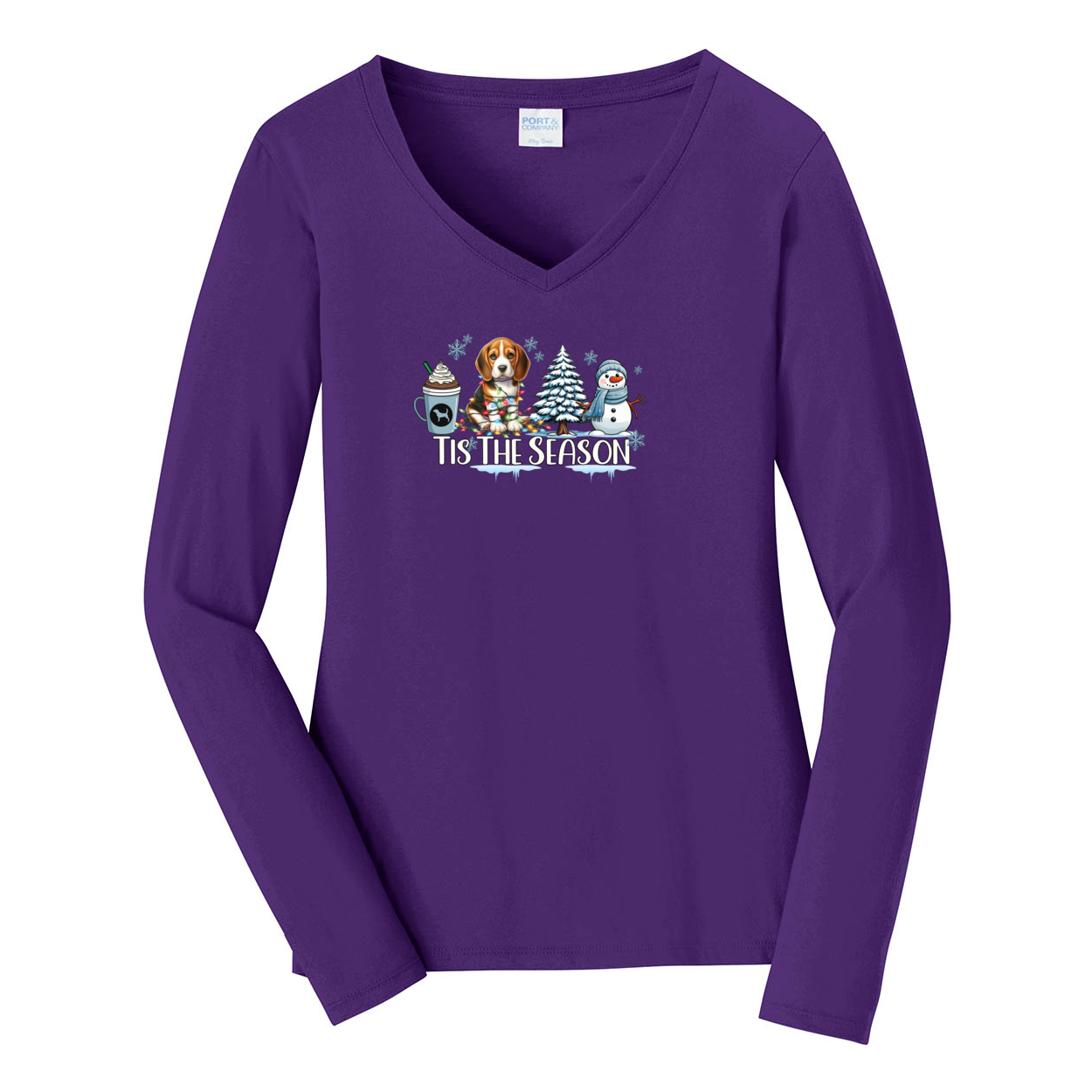 Beagle Tis The Season Winter Port & Company® Ladies Long Sleeve Fan Favorite™ V-Neck Tee LPC450VLS - WagALotBowWow