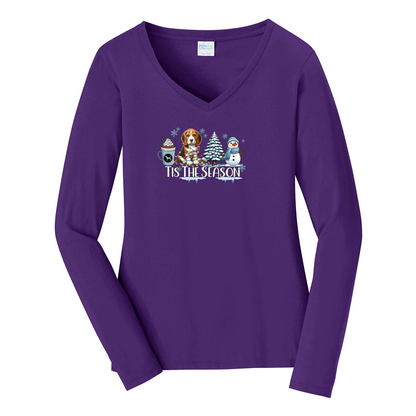 Beagle Tis The Season Winter Port & Company® Ladies Long Sleeve Fan Favorite™ V-Neck Tee LPC450VLS - WagALotBowWow