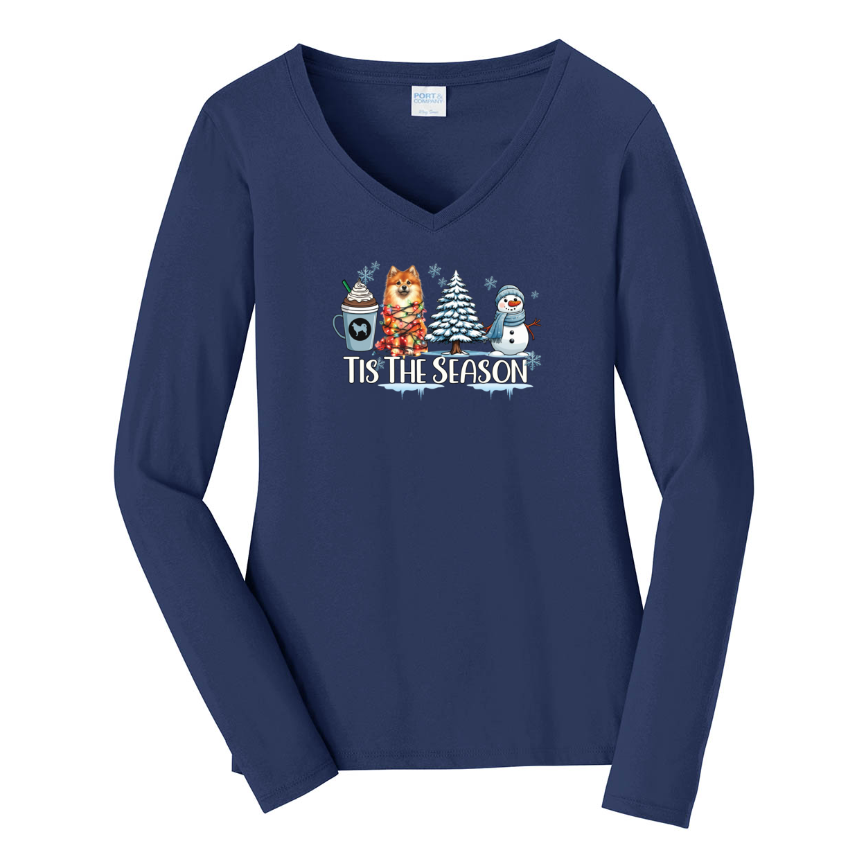 Finnish Spitz Tis The Season Winter Port & Company® Ladies Long Sleeve Fan Favorite™ V-Neck Tee LPC450VLS - WagALotBowWow