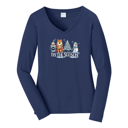 Finnish Spitz Tis The Season Winter Port & Company® Ladies Long Sleeve Fan Favorite™ V-Neck Tee LPC450VLS - WagALotBowWow