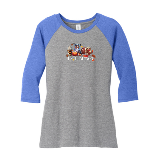 Blue Merle Australian Shepherd Tis The Season Fall 3/4-Sleeve Raglan - WagALotBowWow