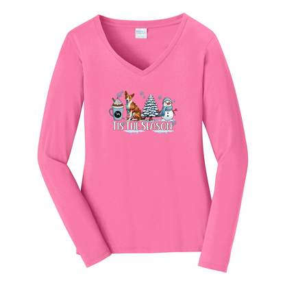 Basenji Tis The Season Winter Port & Company® Ladies Long Sleeve Fan Favorite™ V-Neck Tee LPC450VLS - WagALotBowWow
