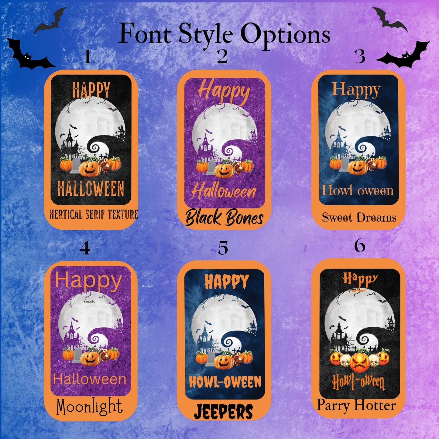 A digital preview graphic showing six Halloween-themed font style options labeled 1 through 6, arranged in a 2x3 grid on a purple and blue textured background with black bats and the title 'Font Style Options.' Each card displays sample text like 'Happy Halloween,' 'Howl oween,' and 'JEEPERS' with different color treatments and decorative imagery.