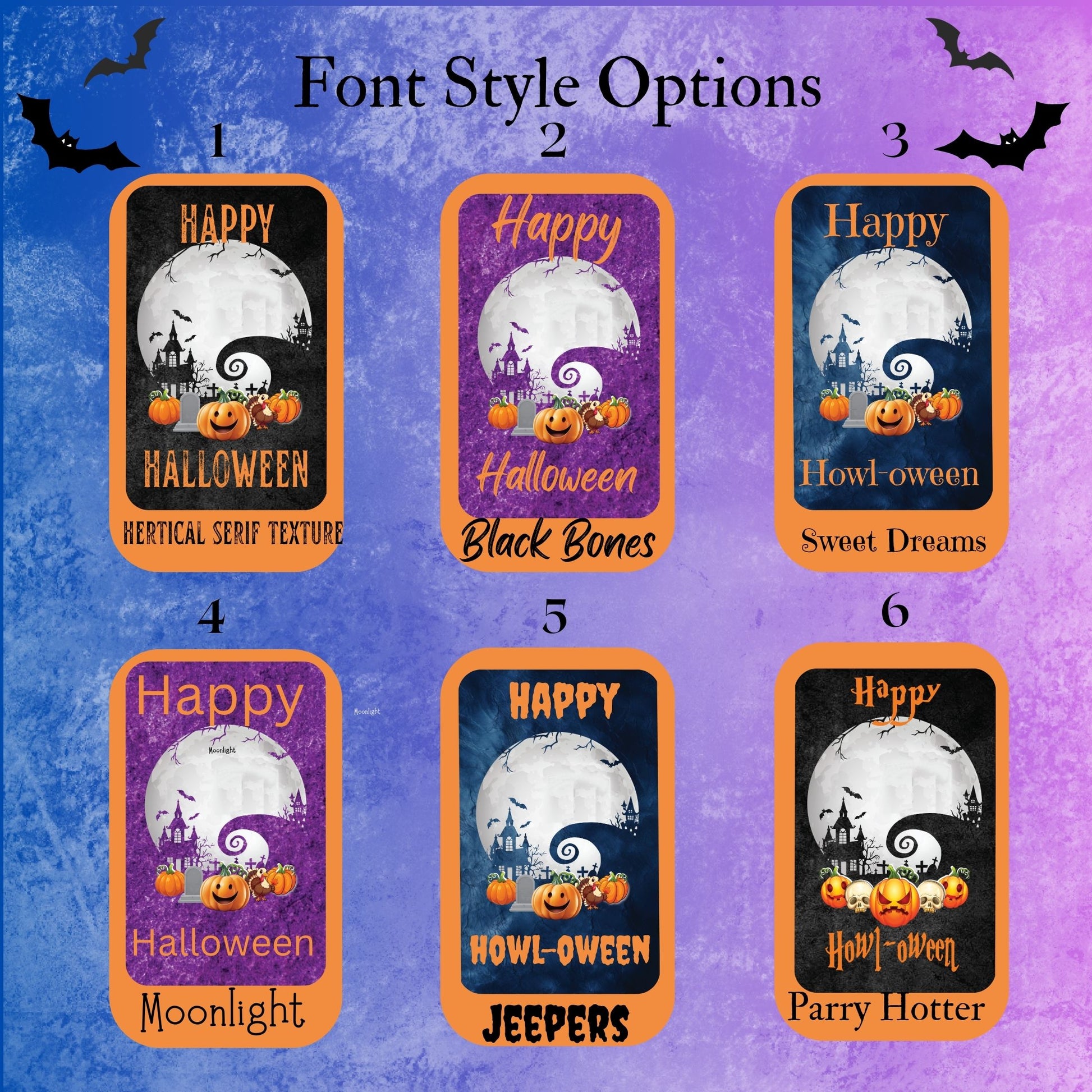 A digital preview graphic showing six Halloween-themed font style options labeled 1 through 6, arranged in a 2x3 grid on a purple and blue textured background with black bats and the title 'Font Style Options.' Each card displays sample text like 'Happy Halloween,' 'Howl oween,' and 'JEEPERS' with different color treatments and decorative imagery.