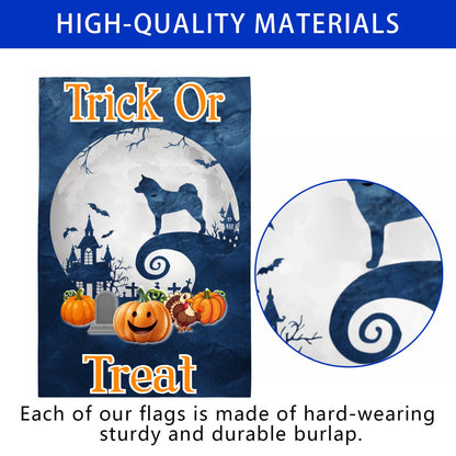 Halloween burlap flag with 'Trick or Treat' text, a full moon, haunted house, bats, pumpkins, and a dog silhouette, shown with a circular detail inset and marketing text about durable materials.