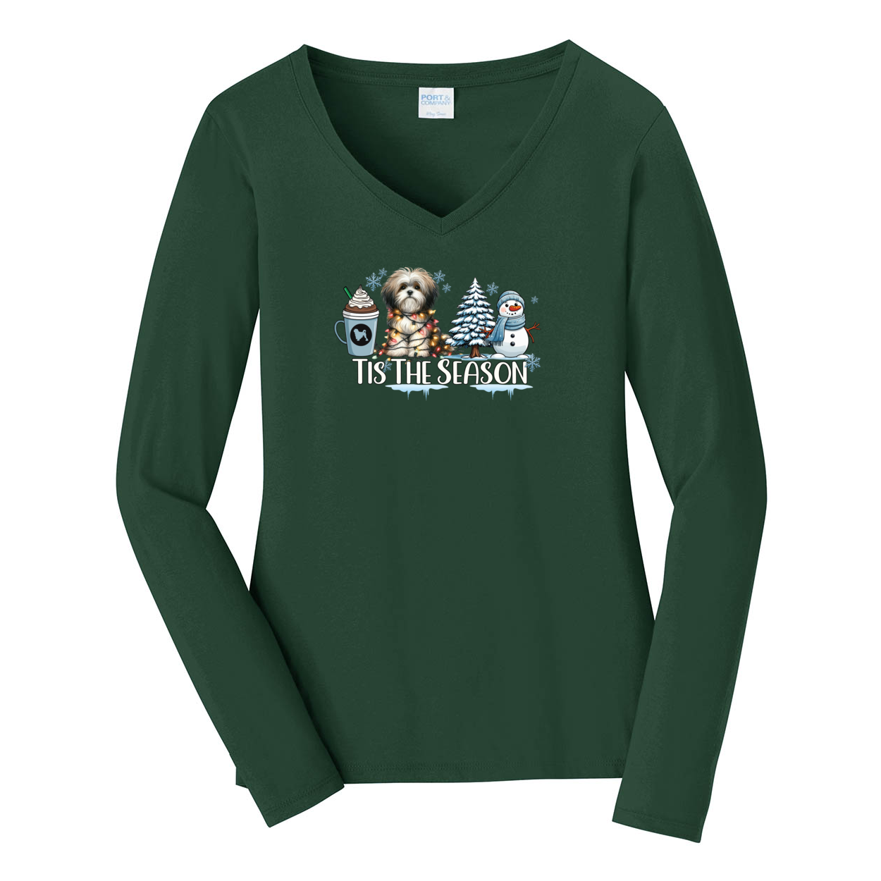 Lowchen Tis The Season Winter Port & Company® Ladies Long Sleeve Fan Favorite™ V-Neck Tee LPC450VLS - WagALotBowWow
