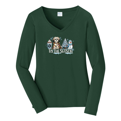 Lowchen Tis The Season Winter Port & Company® Ladies Long Sleeve Fan Favorite™ V-Neck Tee LPC450VLS - WagALotBowWow