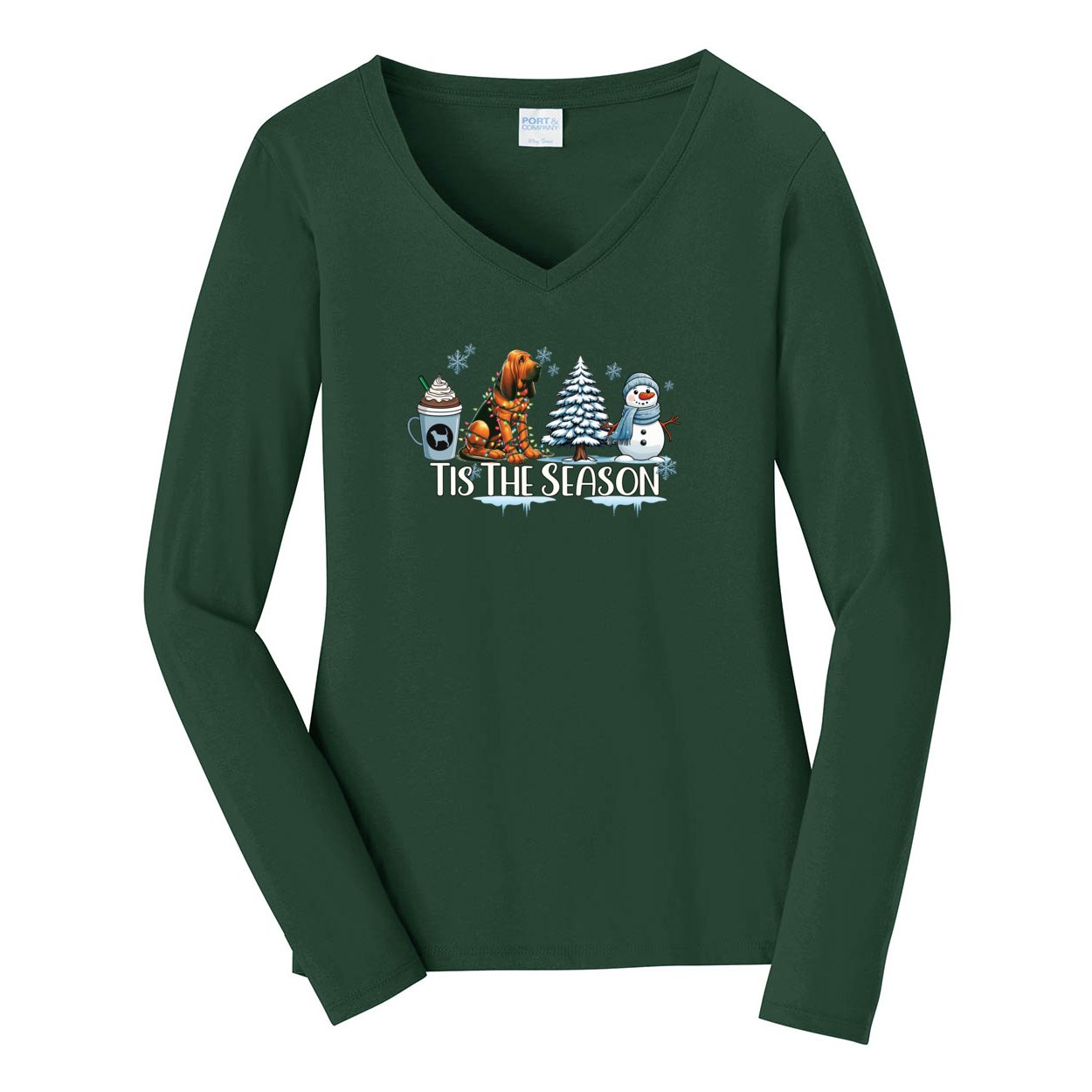 Bloodhound Tis The Season Winter Port & Company® Ladies Long Sleeve Fan Favorite™ V-Neck Tee LPC450VLS - WagALotBowWow