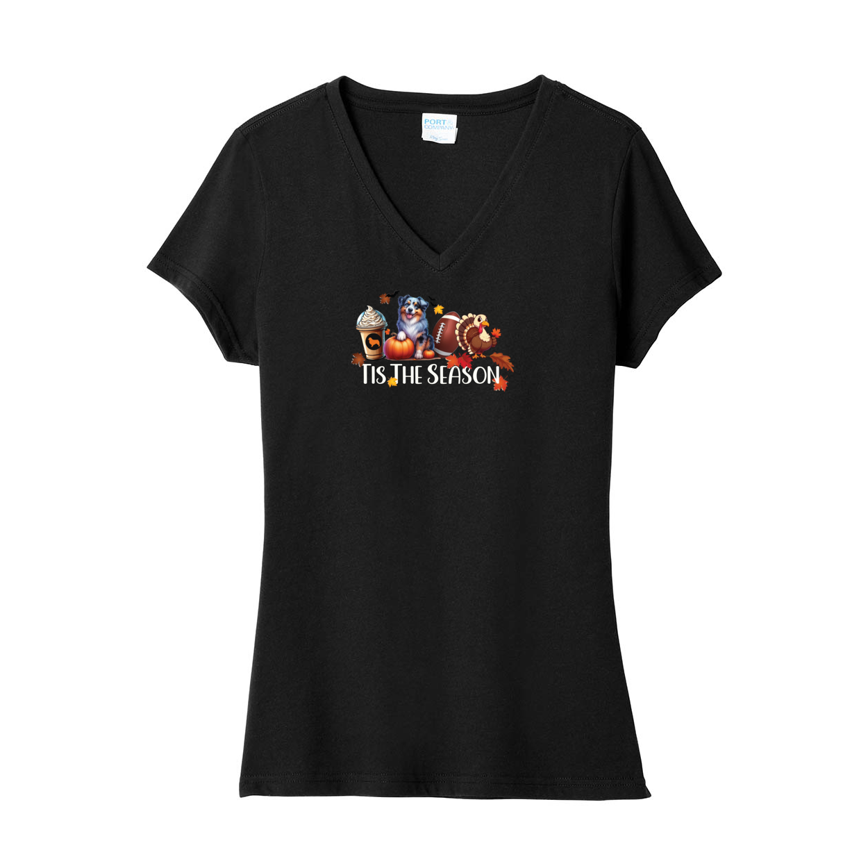 Blue Merle Aussie Tis The Season Fall V-Neck Tee SS - WagALotBowWow