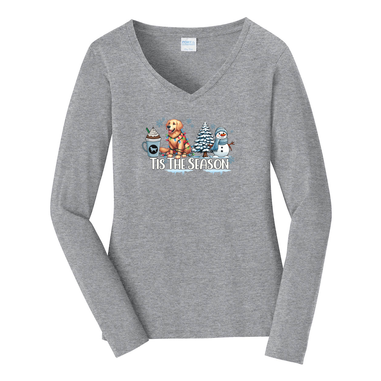 Golden Tis The Season Winter Port & Company® Ladies Long Sleeve Fan Favorite™ V-Neck Tee LPC450VLS - WagALotBowWow