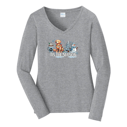 Golden Tis The Season Winter Port & Company® Ladies Long Sleeve Fan Favorite™ V-Neck Tee LPC450VLS - WagALotBowWow
