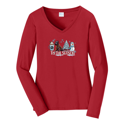Scottish Terrier Tis The Season Winter Port & Company® Ladies Long Sleeve Fan Favorite™ V-Neck Tee LPC450VLS - WagALotBowWow