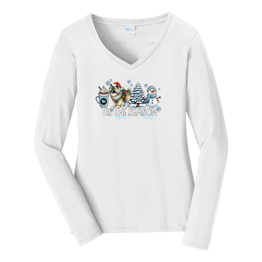 Keeshond Tis The Season Winter Port & Company® Ladies Long Sleeve Fan Favorite™ V-Neck Tee LPC450VLS - WagALotBowWow
