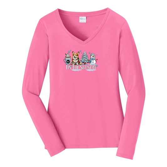 Cardigan Corgi Tis The Season Winter Port & Company® Ladies Long Sleeve Fan Favorite™ V-Neck Tee LPC450VLS - WagALotBowWow