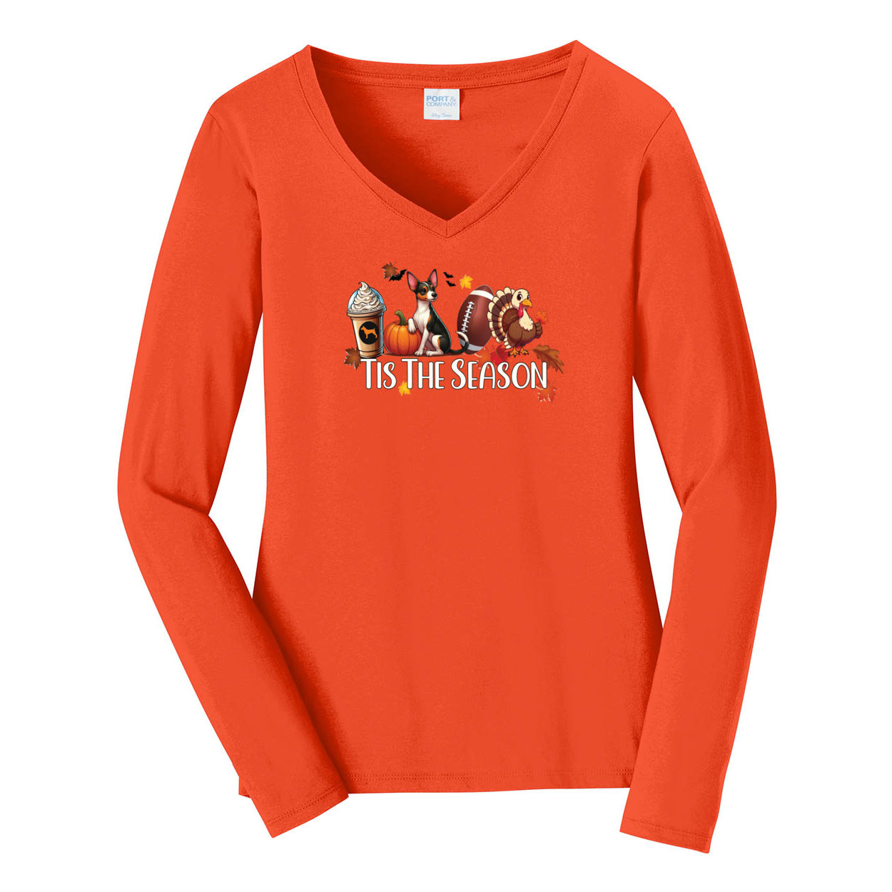 Rat Terrier Tis The Season Fall Port & Company® Ladies Long Sleeve Fan Favorite™ V-Neck Tee LPC450VLS - WagALotBowWow